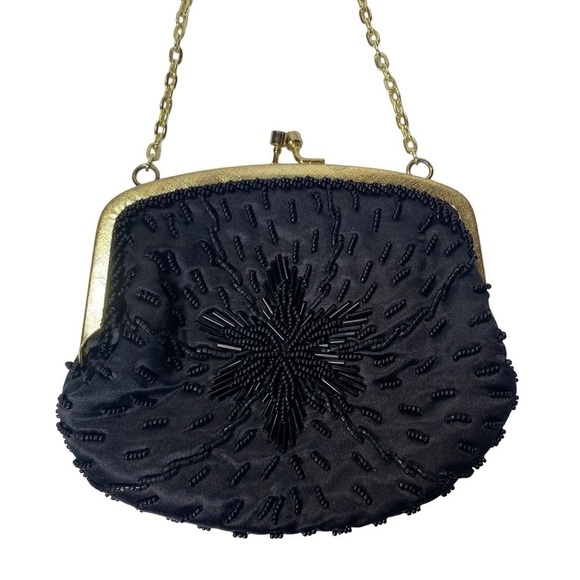 REGAL Small Black Beaded clutch VINTAGE gold frame chain strap made in Hong Kong - Picture 1 of 9
